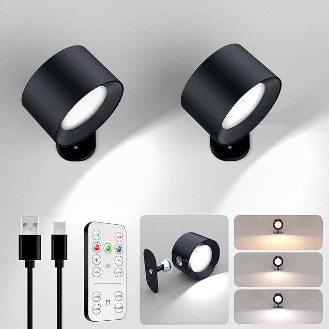 LED Wall Mounted Lights, Rechargeable Battery Operated Wall Sconces Lamp 3 Colors Temps & Remote and Touch, 360°Rotation Dimmable Wall Lights for Study Bedroom Reading Bedside (2-Pack)
