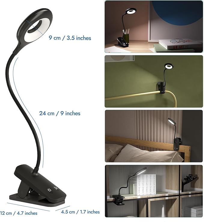 CUHIOY 2Pack Rechargeable Clip on Reading Light for Bed Headboard, Black | 5 Colors 5 Brightness Bed Light, Battery Flexible Neck Desk Lamp with Strong Clamp, Flicker-Free Night Light, Kids Bunk Bed