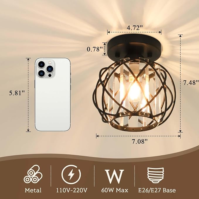 Hallway Ceiling Light fixtures,Flush Mount Ceiling Light Fixture E26 Ceiling Lighting with Crystal Small Chandelier Indoor Lighting for Foyer Entryway Bedroom Bathroom Closet Living Room