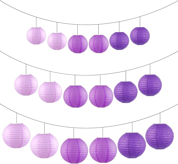 Chinese Paper Lanterns for Birthday Party Decorations – Hanging Rainbow Lanterns for Ceiling Decor, Classroom, Wedding, and Home Party – Pack of 18,Purple and Dark Purple(8/10/12-Inch)