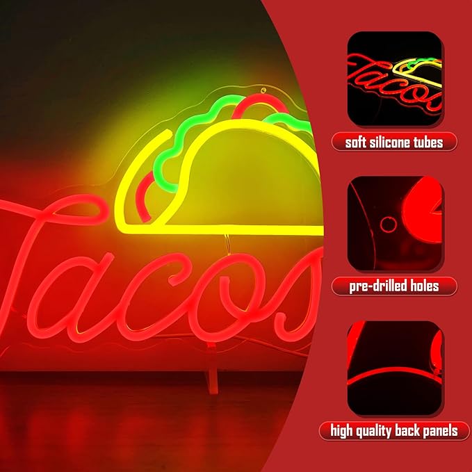Tacos Neon Sign for Wall Decor Dimmable Led Neon Signs for Business Mexican Food Neon Light Tacos Neon Lights Sign Light Up Sign for Tortilla Tacos Shop Beer Bar Pub Restaurant Christmas Decor
