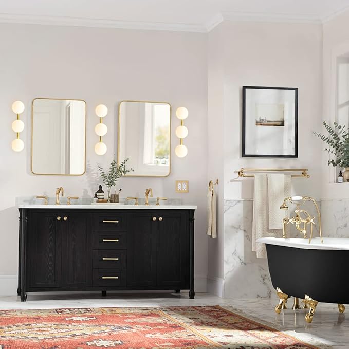 Bathroom Vanity Lights, 3-Light Bathroom Light Fixtures Gold Bathroom Lights, Mid Century Modern Brass Gold Vanity Light Dimmable Wall Sconce Wall Mount Light Fixture with Milk Glass, G9 Base