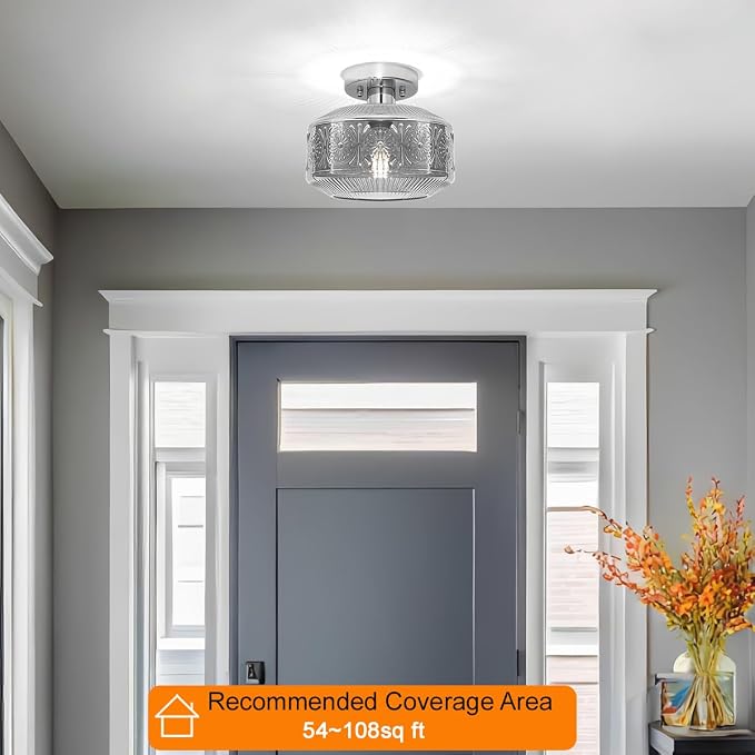 DSMJFU Semi Flush Mount Ceiling Light, Vintage Small Ceiling Light Fixture, Smokegray Thickened Glass Hallway Lighting Fixture, Chrome Kitchen Ceiling Mount Light for Entryway Bedroom Bathroom Kitchen