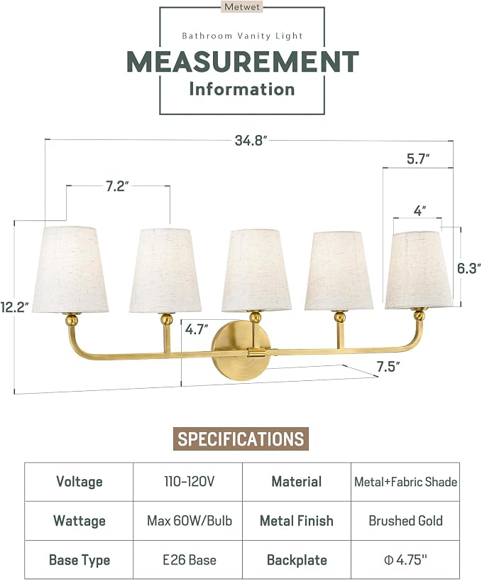5-Light Brushed Gold Bathroom Vanity Light with Linen Fabric Shade | 35 Inch gold bathroom light fixture over mirror, UL listed, E26 bulbs, hardwired, upward only, VL837-BG-A-5