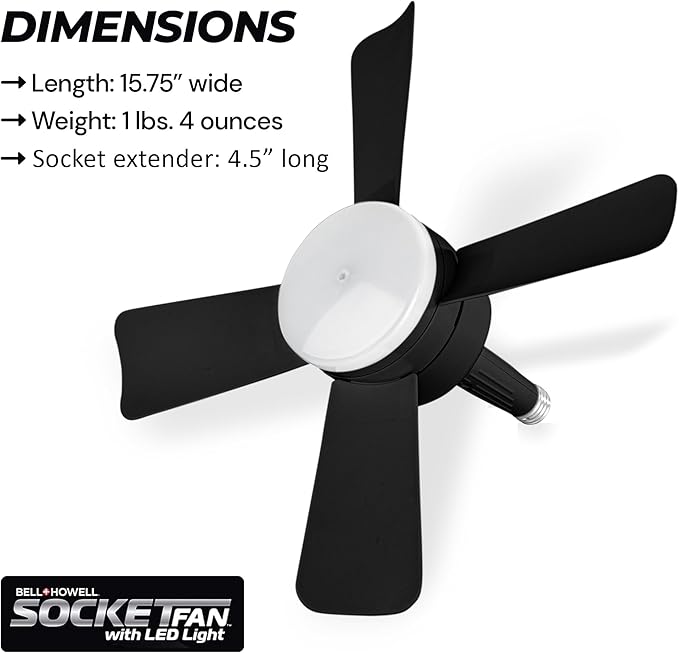 Bell+Howell Socket Breeze Deluxe, Small Ceiling Fan with LED Light and Remote, Adjustable Speeds and Brightness, Light Socket Fan for Bedroom, Kitchen, Living Room, 1000 Lumens
