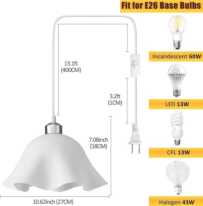 Plug in Pendant Light, 2 Pack Hanging Lights with Plug in Cord, Hanging Lamp with15Ft Cord, On/Off Switch, Frosted Plastic White Shade, Plug in Hanging Ceiling Lights for Bedroom, Living Room