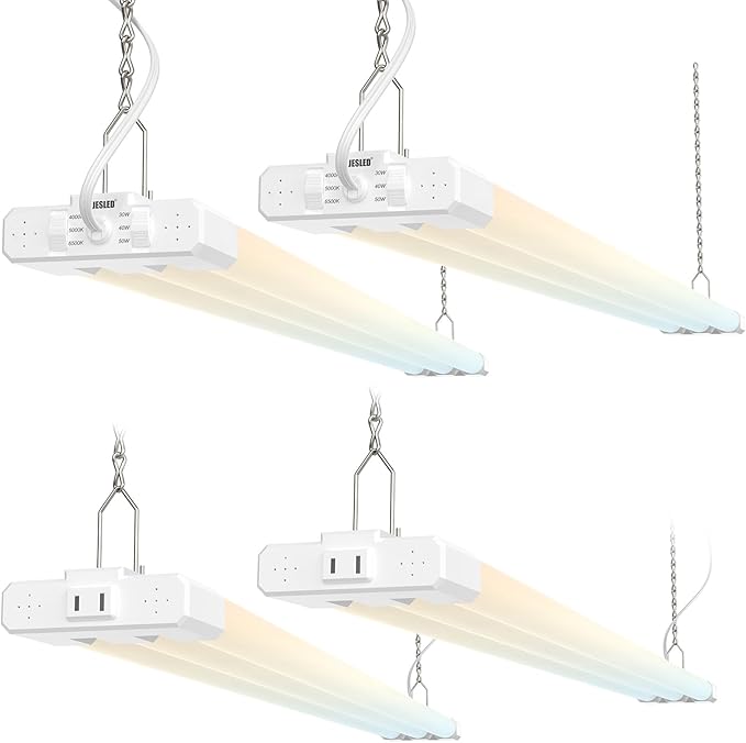 JESLED 4FT LED Shop Lights, 4000K/5000K/6500K Selectable, 30W/40W/50W Adjustable, 5400-7500LM, Commercial Linkable Utility LED Light for Garage, Plug and Play, Ceiling & Suspension Mount, ETL,4P