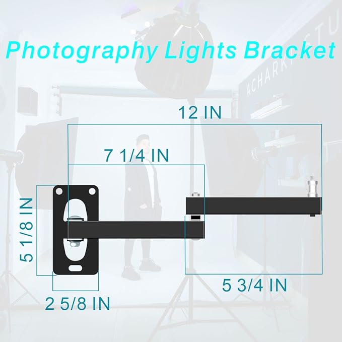 Photographic Wall Mounting Boom Arm Stand: Fold Extend Adjustable 12in Long Bracket,Heavy Duty Wall Mount,Multi Angle,for Photography Strobe Light Monolight,Softbox,Ring Light,Live Broadcast