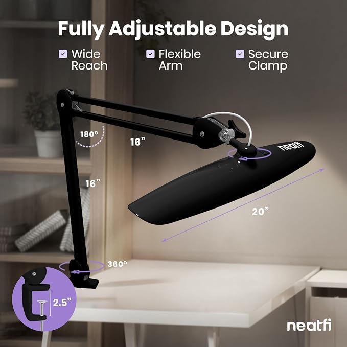 Neatfi XL 2200 Lumens 24W LED Desk Lamp – Shadow-Free Task Lighting | 4-Level Dimming | Home Office & Crafts Use | 20-Inch Wide Head (Black, Non-CCT with Clamp)