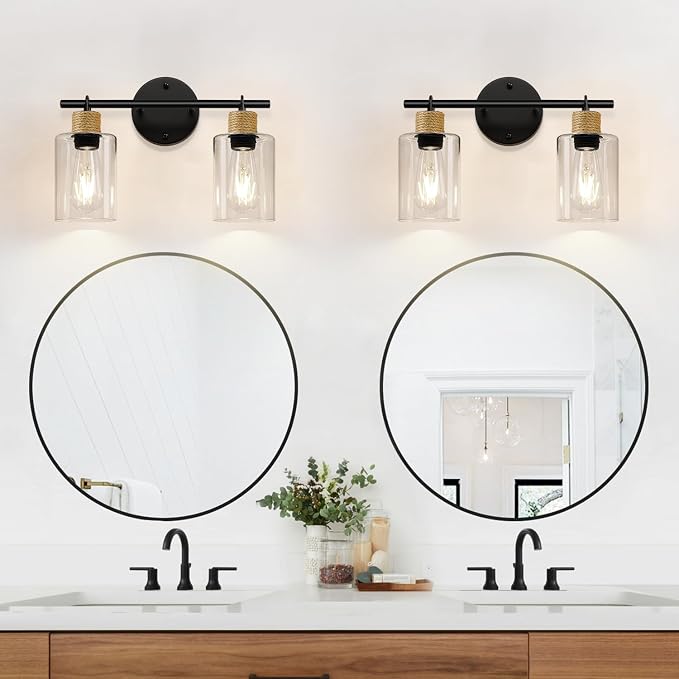 MOKATNG Bathroom Light Fixtures, 2-Light Farmhouse Vanity Lights with Hemp Rope, Black Bathroom Wall Lamp for Mirror Kitchen Hallway Cabinet