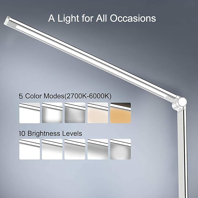 LED Desk Lamp with USB Charging Port, 5 Color Modes, 10 Dimmable Brightness Levels, Eye-Caring Reading Light, Touch Control & 30/60 min Auto Timer, Silver