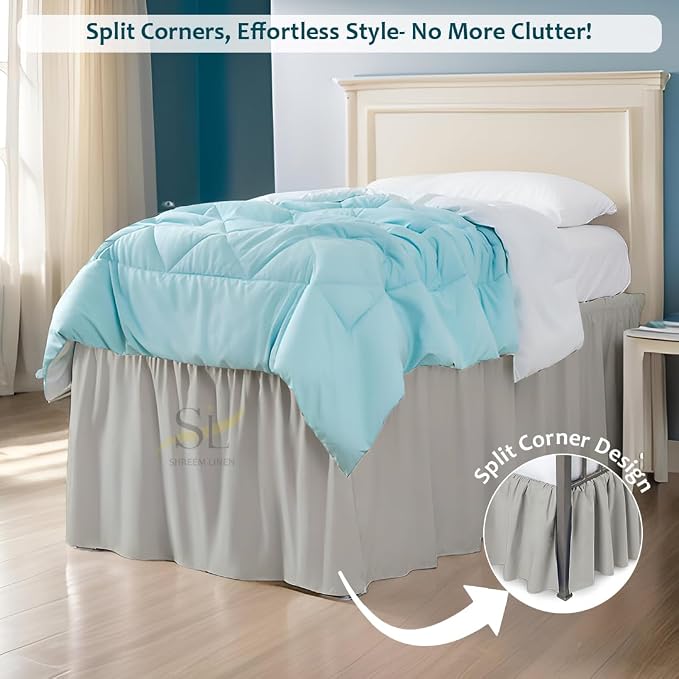 Shreem Linen Dorm Bed Skirt Twin XL, 32 Inch-Drop, 100% Microfiber Extra Long Bedskirt, Light Grey