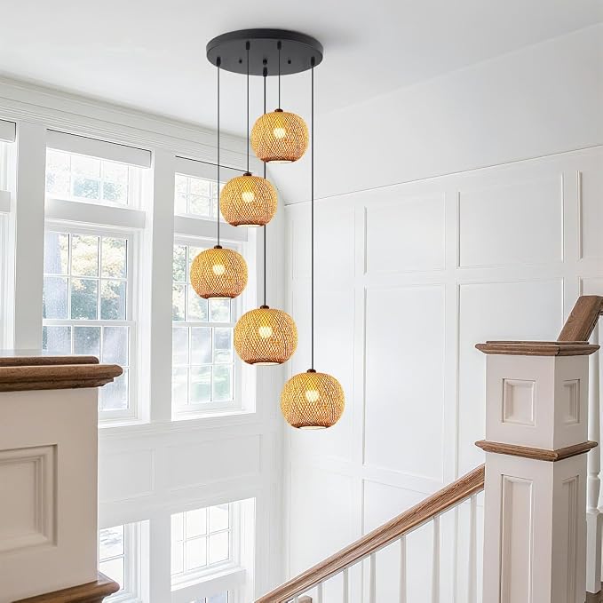 5-Light Staircase Bamboo Light Fixture Basket Weave Pendant Light Shade Boho Large Rattan Chandelier Coastal Wicker Pendant Hanging Lights for Foyer Living Room Farmhouse