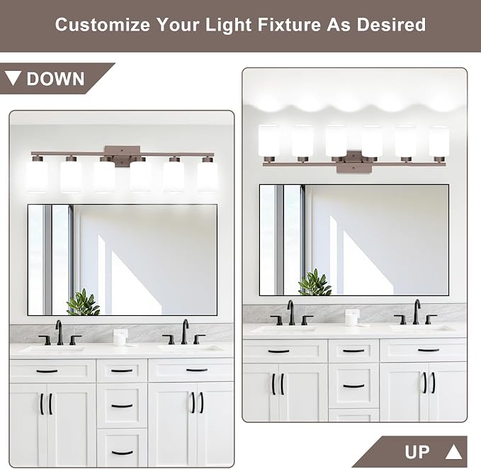 IZORRO Modern Bathroom Light Fixtures, 6 Light Oil-Rubbed Bronze Vanity Lights, Bathroom Lighting Fixtures Over Mirror with White Glass for Living Room Cabinet Bedroom