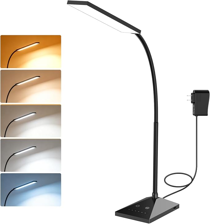 LED Desk Lamp, Eye-Caring Desk Light | 7W 390LM ,5 Color Modes & Stepless Dimming, 360° Flexible Gooseneck Touch Control Table Lamp for Bedroom Bedside Study Black