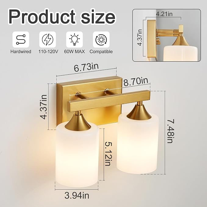 ZHU YAN 2 Light Vanity Lights for Bathroom,Gold Bathroom Vanity Light,Milky White Glass Shades,Modern Bathroom Wall Lamp for Mirror Living Room Bedroom E26 Socket
