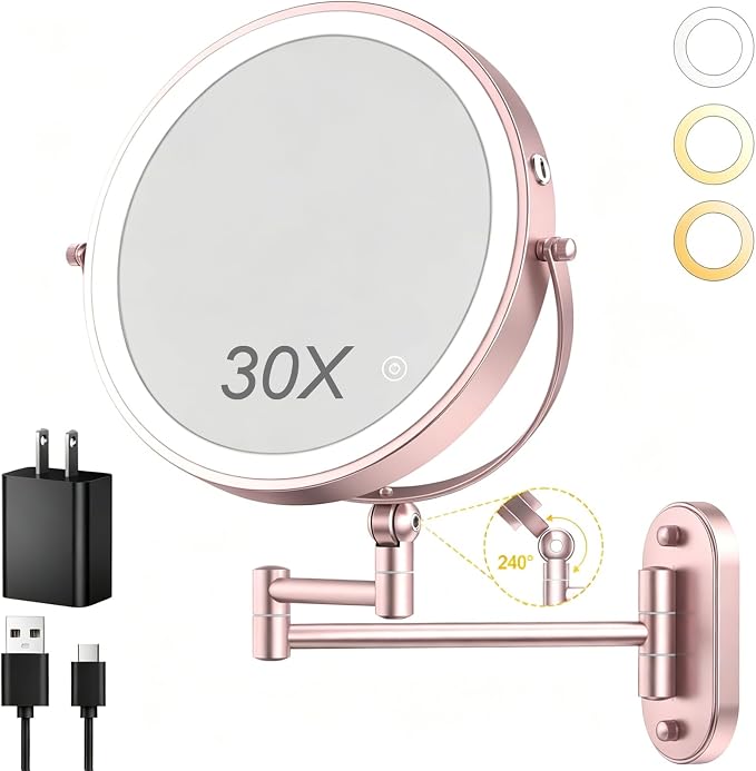 9" Wall Mounted Lighted Makeup Mirror,4000mAh Rechargeable Double Sided 1X/30X Magnifying Mirror with Light,Touch Dimmable,Extended Arm 360 Rotation Wall Mounted Makeup Mirror 3 Color Lights-gold