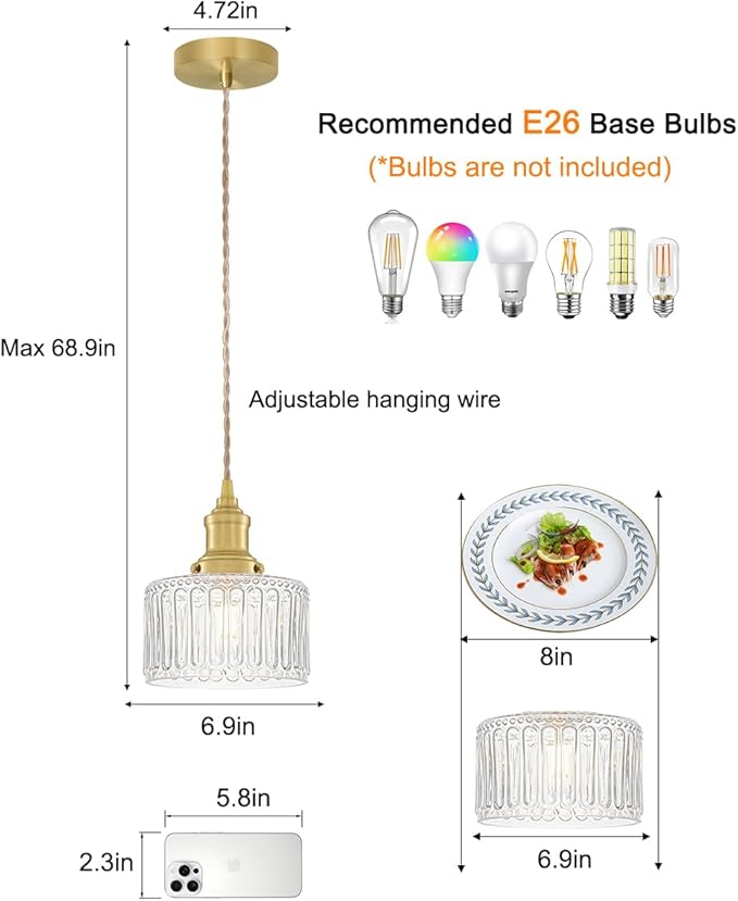 6.9in Vintage Pendant Lights for Kitchen with Clear Striped Glass Shade, Brushed Gold Pendant Lights Kitchen Island, Small Light Pendant Adjustable Hanging Light for Entrance Bedroom Hallway Home