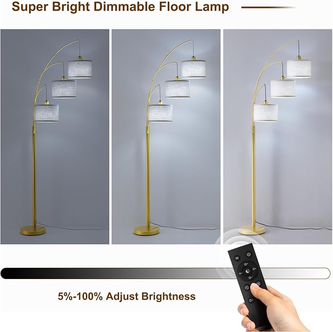 Dimmable Floor Lamp with Remote, Beige Shade Gold Pole | 2400LM Super Bright, Independently Controlled 9W LED Energy-Saving Light Bulb, 80" Tall Lamps for Living Room