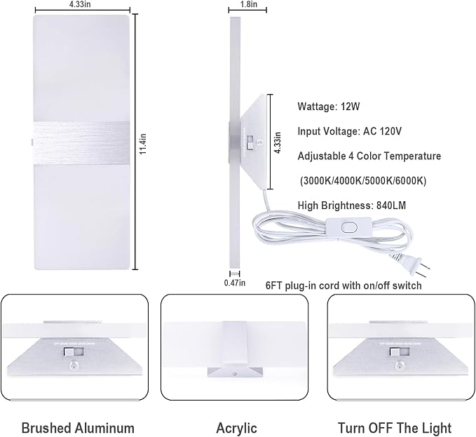 TRLIFE Wall Sconces Plug in, Adjustable 4 Color Temperature Modern LED Wall Sconce, 12W Acrylic Wall Mounted Light Set of 2 Wall Lights with 6FT Plug in Cord for Bedroom Bedside(2 Pack, Silver)