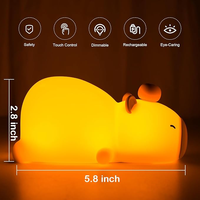 Capybara Night Light Cute Squishy Silicone Nursery Nightlight Dimmable Animal Bedside Lamp with Tap Control Christmas Gift for Kids Girls Boys Women