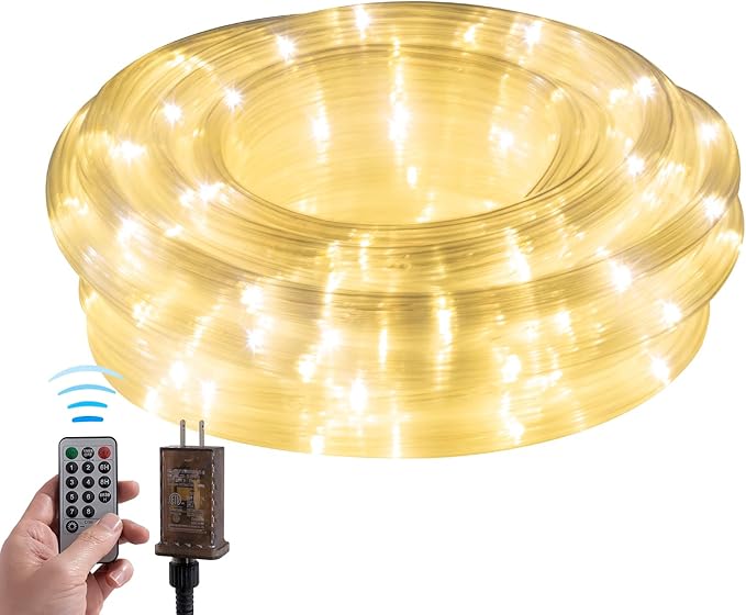 Ripple Tube LED Rope Lights with Remote Control - 8 Modes, 360° Glow,Waterproof for Outdoor/Indoor,Garden,Wedding,Pool,Patio,Christmas Decor (Warm White, 33ft)