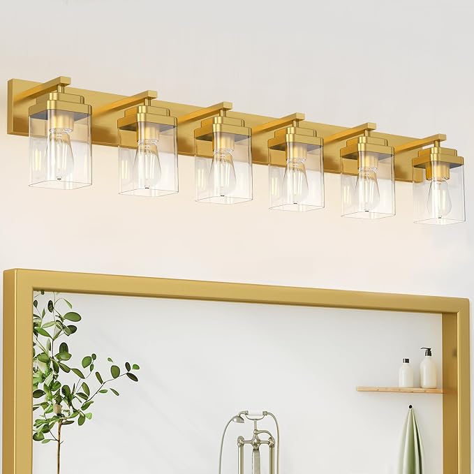 Brushed Gold Bathroom Light Fixtures, 6 Lights Bathroom Lighting Fixtures Over Mirror, Square Design & Rectangle Large Backplate, Modern Vanity Lighting Fixtures, for Living Room/Bedroom