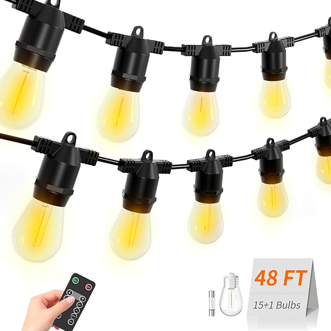 48FT LED Outdoor String Lights, S14 IP65 Waterproof Patio Lights Outside Light, Edison Shatterproof Bulbs with Remote Control Vintage Backyard Light, Garden, Deck Lighting