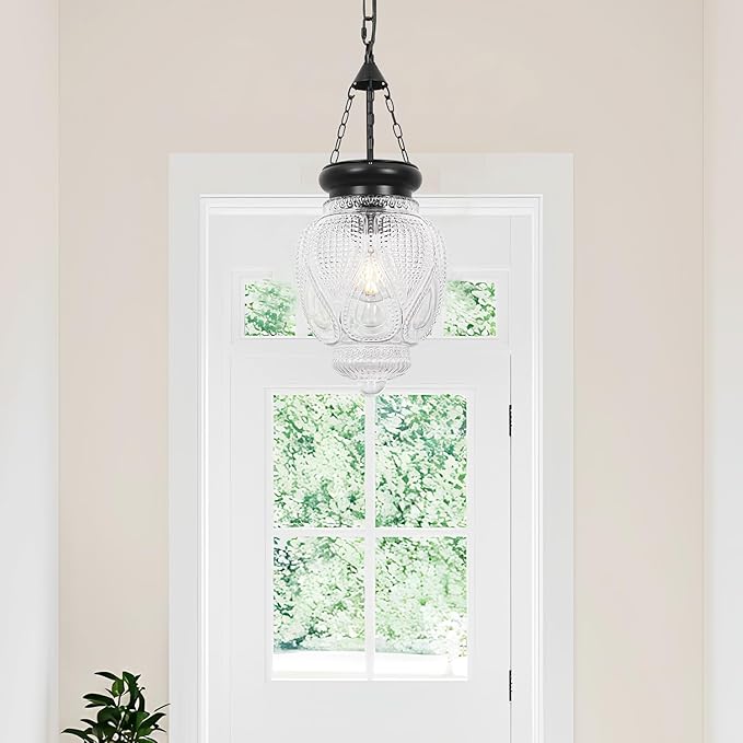 Vintage Pendant Lights Kitchen Island, Black Kitchen Pendant Lighting Over Island, Bathroom Pendant Light With 7.9in Glass Shade, Farmhouse Sink Light For Closet Pantry Entryway, Height Adjustable