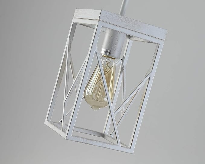Modern Farmhouse Pendant Light with Metal Cage, One-Light Adjustable Rods Rustic Mini Pendant Lighting Fixture for Kitchen Island Cafe Bar, White with Gold