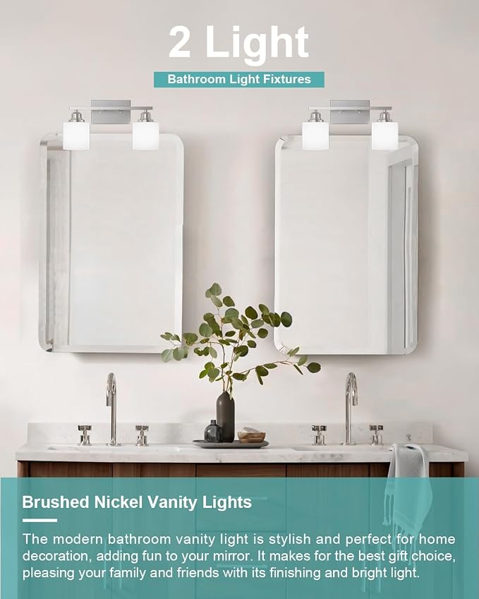 Bathroom Light Fixtures 2-Light, Brushed Nickel Vanity Lights Fixtures, Modern Bathroom Vanity Light Over Mirror, Milky White Glass Shade & Anti-Rust Nickel Finished, Small Bathroom Light