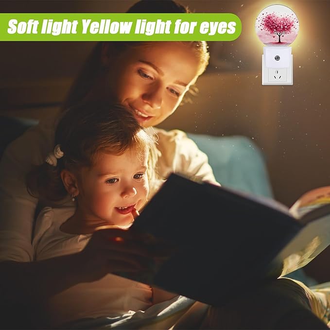 Tree Night Light,Pink Heart Night Lights Plug into Wall for Kitchens Toilets Bedroom Decorative Half Round Nightlight Led Lamp 0.5W Sleep Friendly