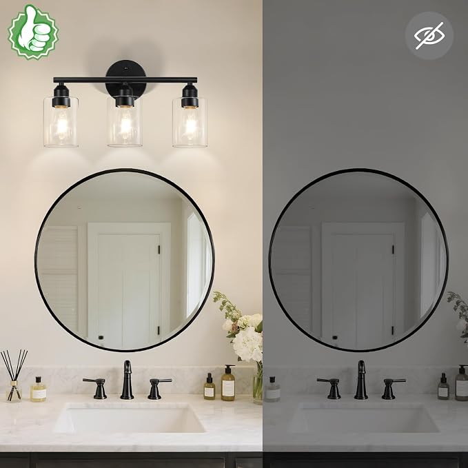 3-Light Black Modern Bathroom Vanity Light Fixtures, 17.3" | Glass Shade, For Bathroom Mirror, Kitchen, Living Room, Bath, Metal