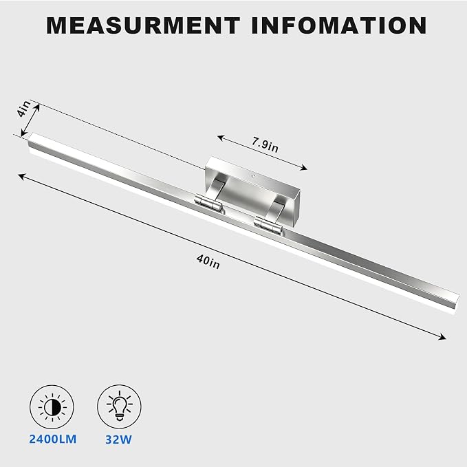 IZORRO Modern Bathroom Vanity Light 40 inch, Rotatable, 32W Dimmable Led Bathroom Light Fixture Over Mirror, Chrome Vanity Light Bar (Cool White 6000K)