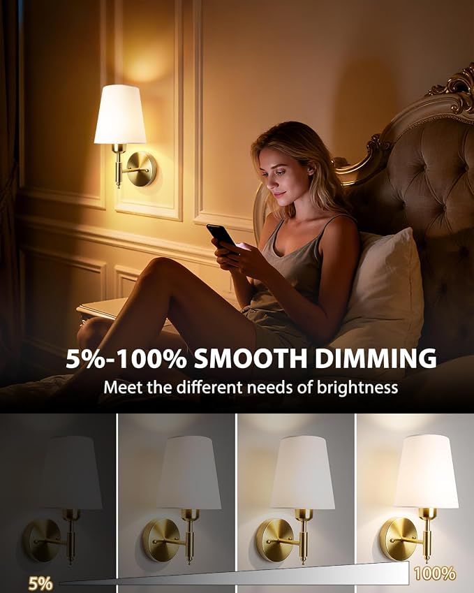 Adetu Battery Operated Wall Sconces Set of 2, Gold Rechargeable Wall Lights | 10000mAh RGB Rechargeable Magnetic Bulb, 5%-100% Dimmable, Battery Wall Sconce for Bedroom Wall Decor