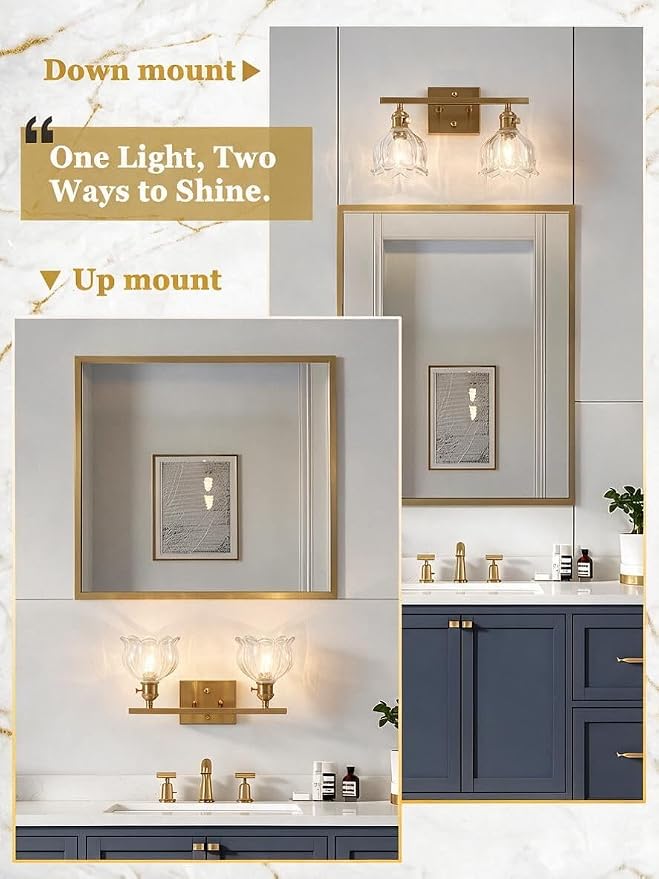 3-Light Vintage Bathroom Vanity Light, 19.4" Brass Hardwired Wall Sconce with Amber Tulip Glass Shades, Brushed Gold Vanity Light for Mirror, Restroom, Bedroom (Clear, 2-Light)