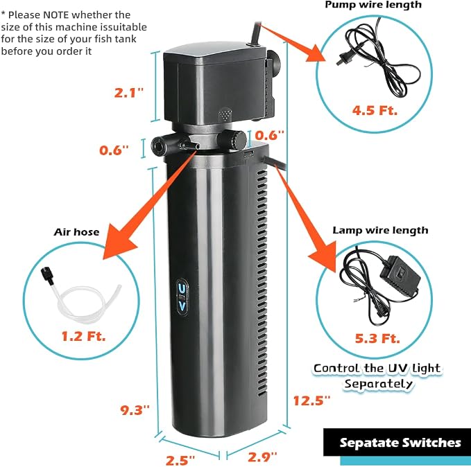 COOSPIDER Aquarium Filter with 7W U-V Light 300GPH for 75-200 Gallon Tank | Submersible Fish Tank Filter with 22W Powerful Pump for Green Clean, Turtle Tank, Oxygen Supply, Deodorization, Water Cycle