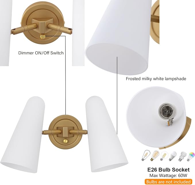Modern 2-Lights Wall Sconces Lighting with Rotatable Frosted Milk White Glass Dimmer ON/Off Switch Gold Brass Bathroom Vanity Light Fixtures Indoor Wall Light for Mirror Living Room Bedroom