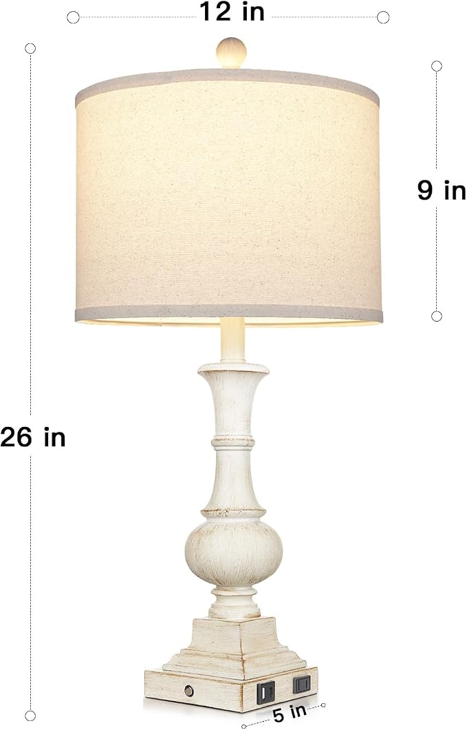 26" Farmhouse Table Lamps Set of 2, Rustic Touch Control Bedside Lamps with 2 USB Ports & AC Outlet, Vintage White Resin 3-Way Dimmable Nightstand Lamp Linen Fabric Shade for Living Room Bedroom Decor