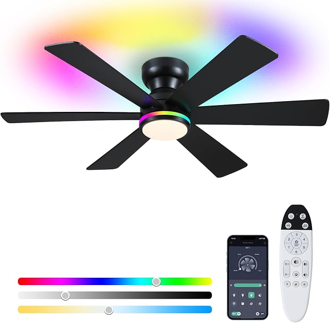 46" 6-Blade Black Low Profile RGB Ceiling Fan with Light and Remote/APP | 11 RGB Modes,Reversible 6 Wind Speeds,Dimmable 3 CCT LED, 25W Quiet DC Motor,Timer,6 Double-Sided Blades,for Bedroom Party