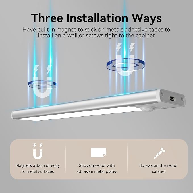 12 inch Under Cabinet Lighting 2500 mAh Closet Lights 3 Color Temps | Magnetic Motion Activated, Rechargeable Closet Lights Battery Operated Wireless Dimmable Under Counter Lights, 2 Pack