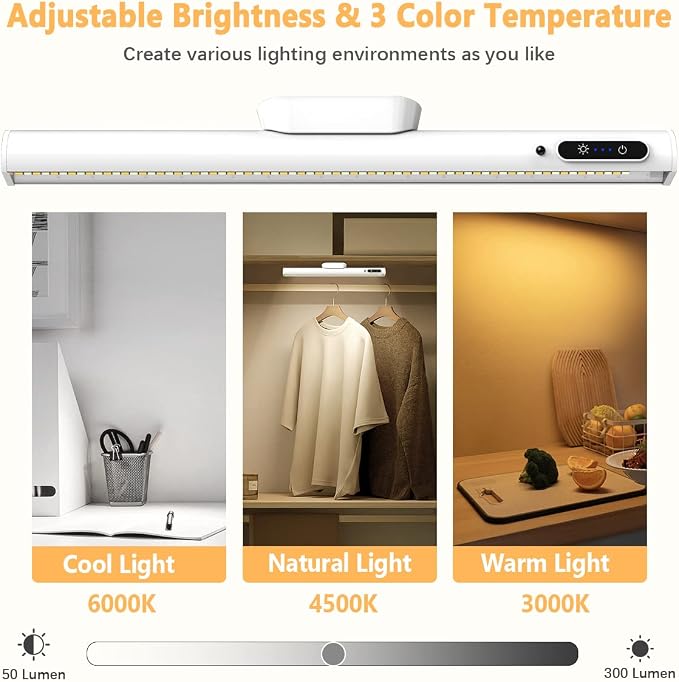 Rechargeable Magnetic LED Light Bar, 4000mAh Wireless Closet Light | Under Cabinet Lighting, Battery Powered Operated Wall Strip Light, Dimmable Lamp for Mirror Closet Picture Kitchen White