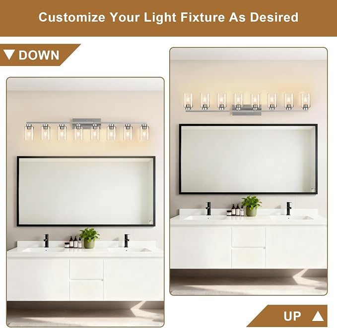 IZORRO Modern Bathroom Light Fixtures, 8 Light Brushed Nickel Vanity Lights, Bathroom Lighting Fixtures Over Mirror with Clear Glass for Living Room Cabinet Bedroom