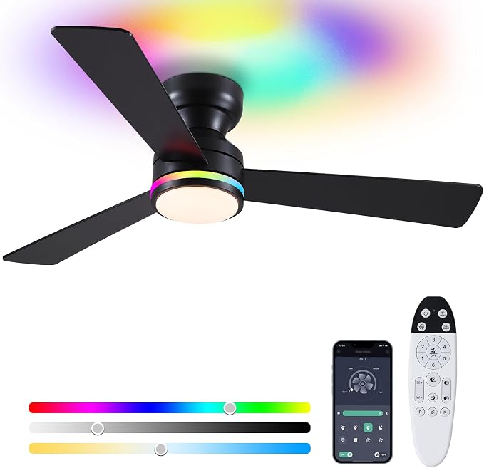 46" 3-Blade Black Low Profile RGB Ceiling Fan with Light and Remote/APP | 11 RGB Modes,Reversible 6 Wind Speeds,Dimmable 3 CCT LED, 25W Quiet DC Motor,Timer,3 Double-Sided Blades,for Bedroom Party