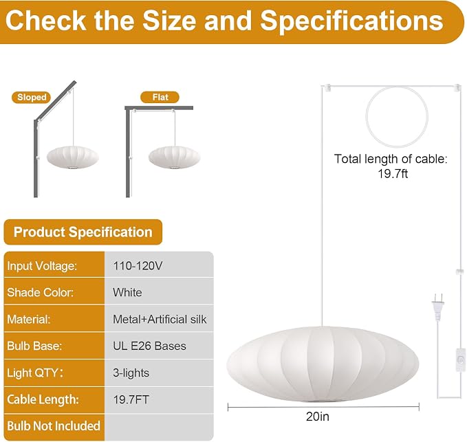 20in Plug in Pendant Light Lantern, White Imitation Silk 3-Light | Plug in Hanging Lamp Wabi Sabi Japanese Bubble Saucer Pendant Chandelier for Living Dinning Room Kitchen Island Bedroom 1PK