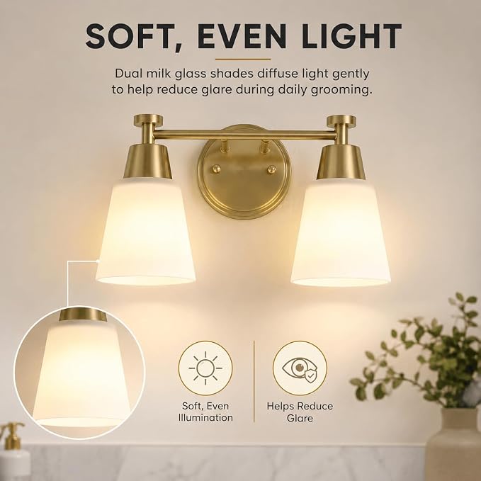 2-Light Bathroom Vanity Light, Gold Finish with Milk Glass Shades, Over Mirror, for Bathroom Vanity