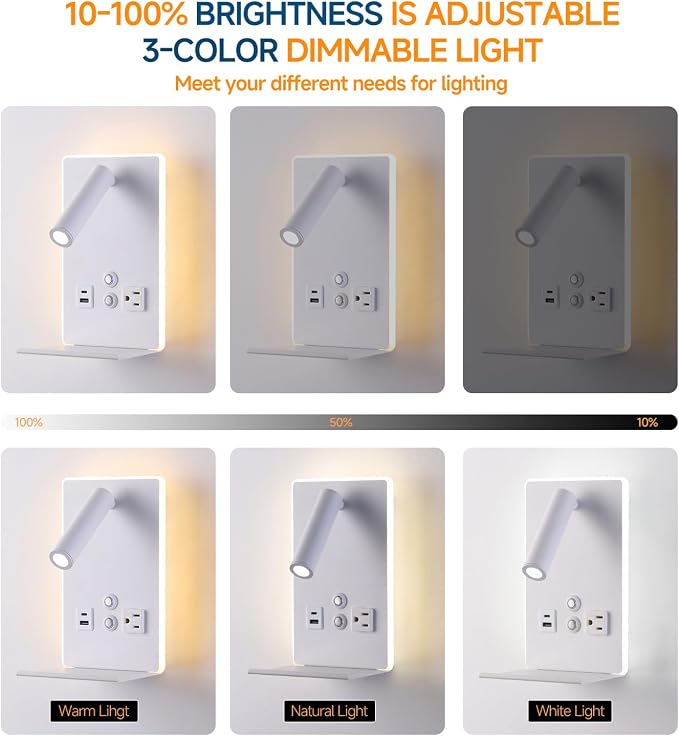 Wall Mounted Reading Light with Shelf - 3 Color Dimmable LED, 360° Adjustable Wall Lamp for Bedroom/Study, Touch Control (White)