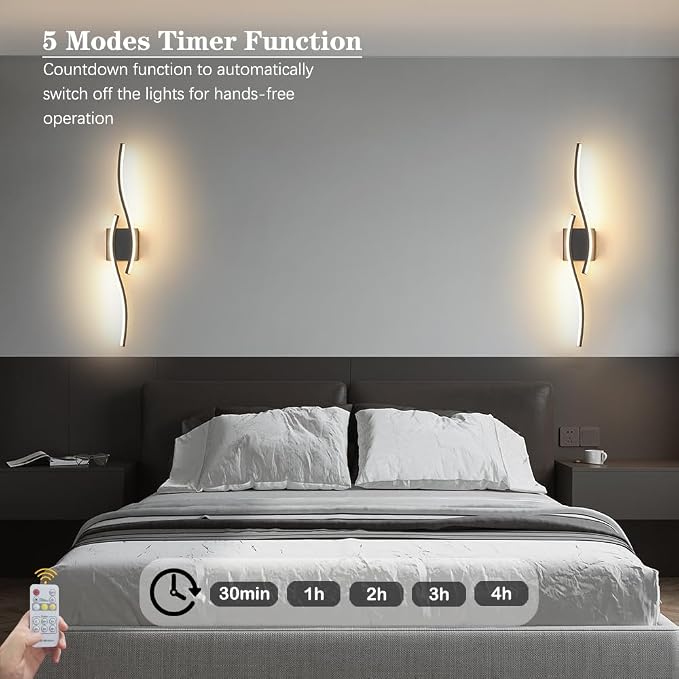 Daunton Modern Hardwired Wall Sconce Set of 2, LED Black Wall Light with Remote Control, RC Dimmable LED Wall Light Indoor, Wall Decor for Hallway Bedroom Living Room TV Wall, 27.5 in, Timer, Memory
