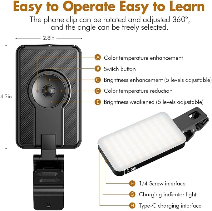 Selfie Light for iPhone,Portable Phone Clip on Light,Rechargeable LED Ring Light for Phone,Video Recording,Camera,Laptop,TikTok,Tablet,Vlog,Computer,5 Lighting Modes,80 LED High Power