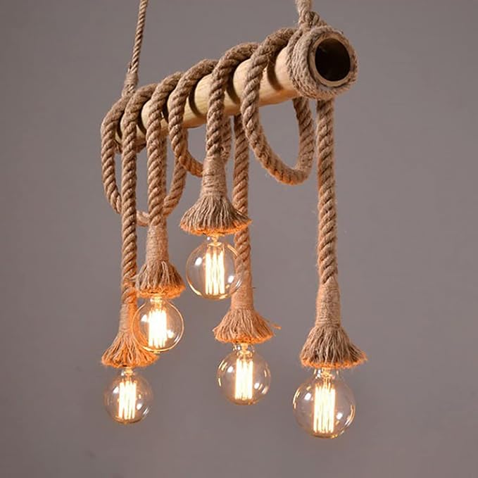 Arturesthome 5 Heads Vintage Bamboo Chandeliers Hemp Rope Pendant Light Fixture, Unique Rustic Industrial Hanging Lamp for Bedroom Restaurant Cafe Bar Decoration